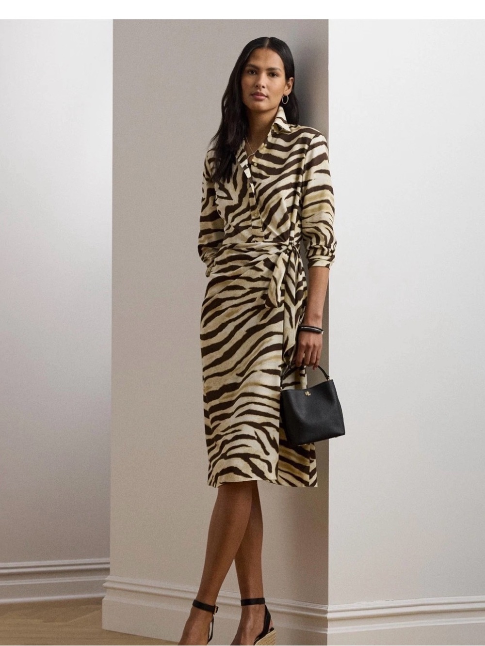 Lauren Ralph Lauren Zebra Print Tie Front Crepe Shirtdress 8 Cream Brown 8 Chic